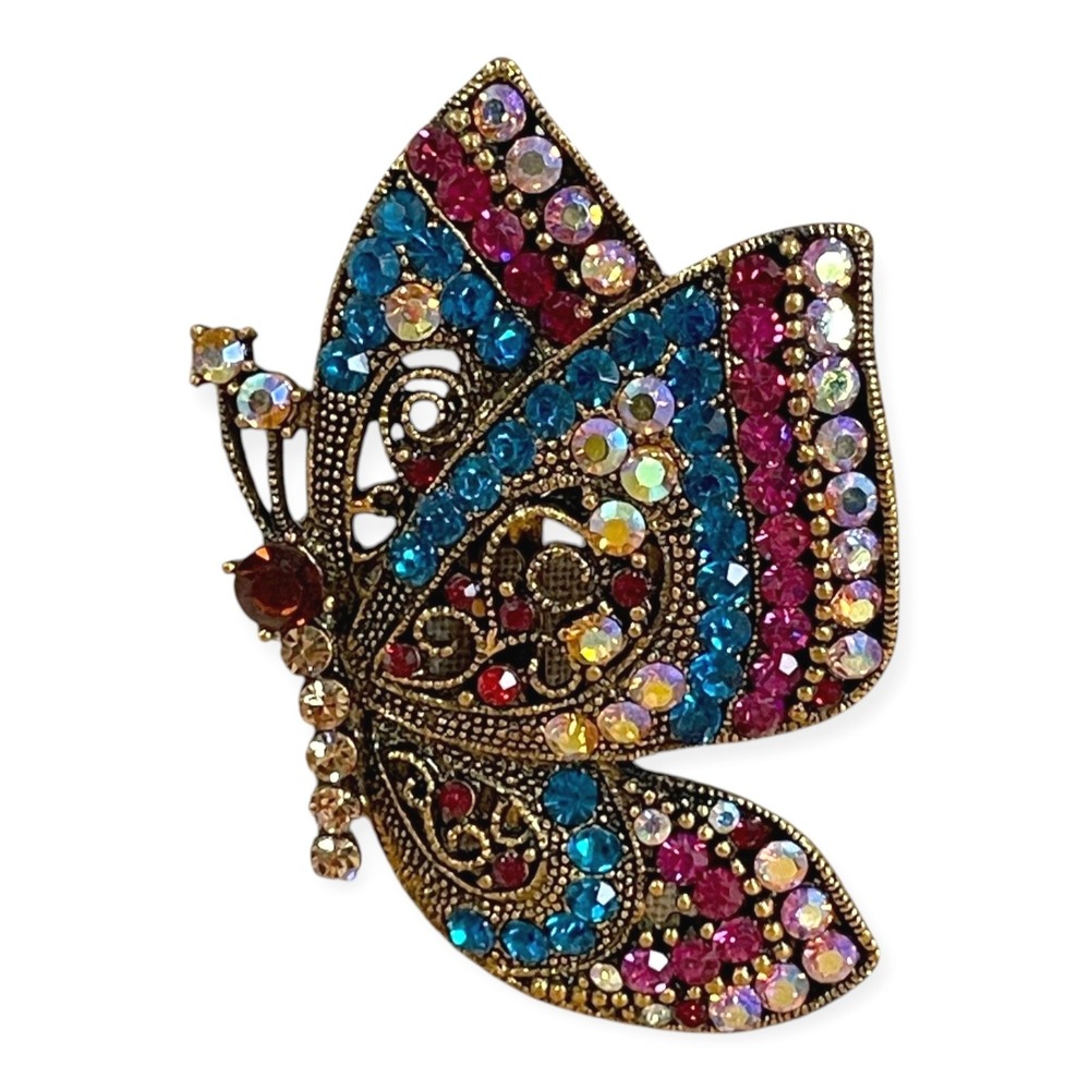 Art Deco Multicolor Rhinestone Butterfly Brooch Pendant Antique Gold Statement